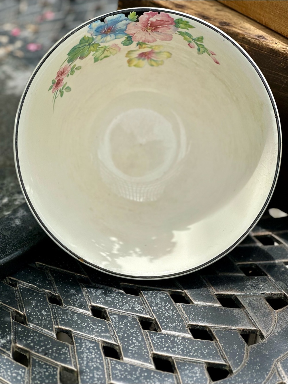 Vintage Harker Hotoven Floral Serving Bowl Black Rim USA Pottery Vintage Floral